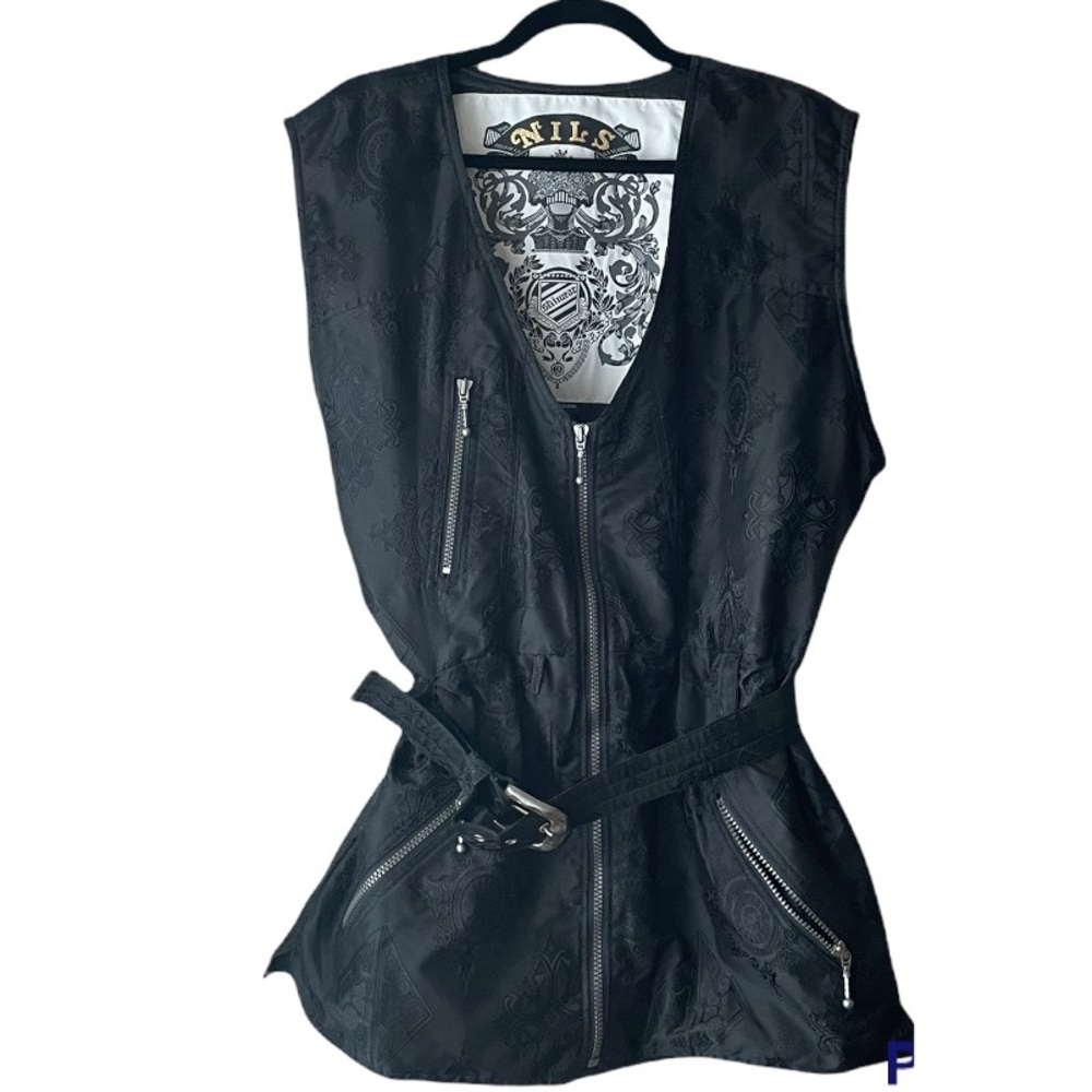 Vtg NILS Skiwear Black Ski Vest Women’s Size 6 Full Zip Silver Accents Baroque